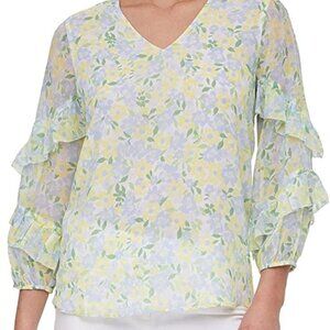 Calvin Klein | Floral V Neck Ruffled Sleeves Chiffon Blouse Yellow Blue | Size S